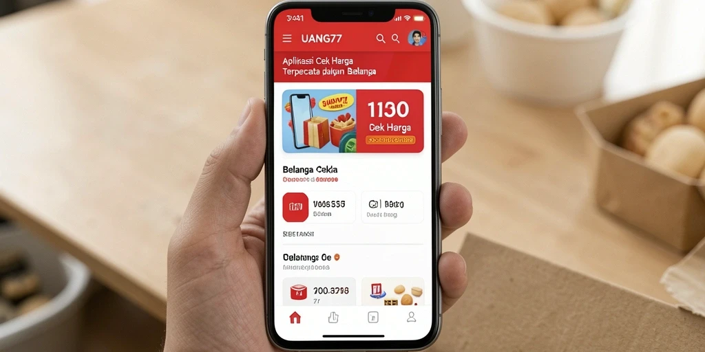 Antarmuka aplikasi UANG77 untuk cek harga produk.